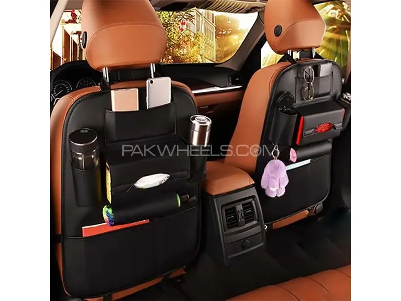 Premium Quality Car Back seat Organizer with Foldable Table Tray, PU Leather Black Color Image-1