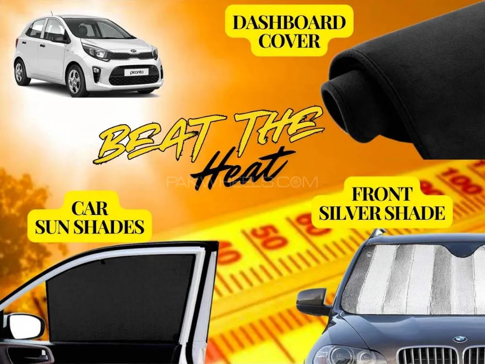 Kia Picanto Summer Package | Dashboard Cover | Foldable Sun Shades | Front Silver Shade Image-1