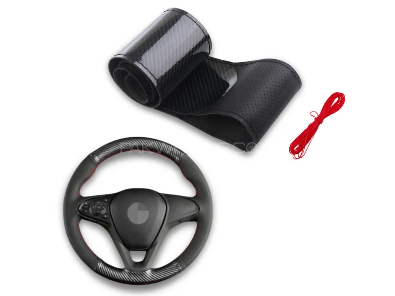 Stitchable Carbon Fiber Car Steering Cover with Red Thread | Universal Leather Steering Wheel Cover Image-1