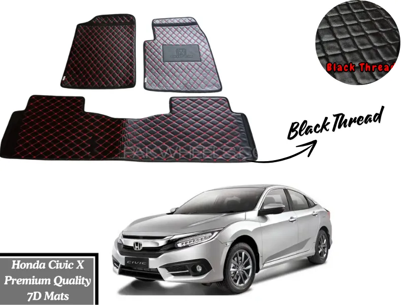 Honda Civic X 2017-2022 7D Flat Eco Mats | Honda Civic X Black Color 7D Eco Mats With Black Thread Image-1