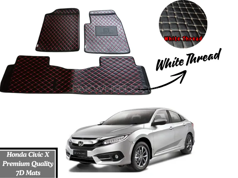 Honda Civic X 2017-2022 7D Flat Eco Mats | Honda Civic X Black Color 7D Eco Mats With White Thread Image-1