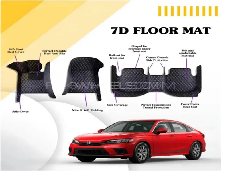 Honda Civic 2022-2024 7D Floor Mats - Black Multi Color Thread - 3 Pcs  Image-1