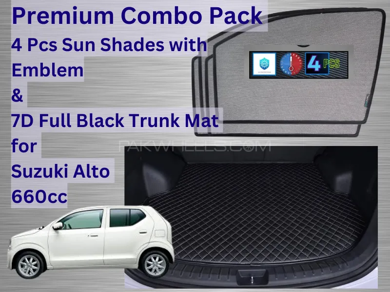 Premium Combo Pack 4 Pcs Sun Shades & 7D Full Black Trunk Mat for Suzuki Alto 660cc Image-1