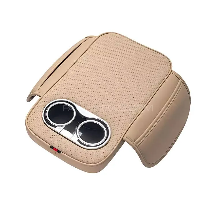 Car Center Console Armrest Cushion with Cup Holder Beige Image-1