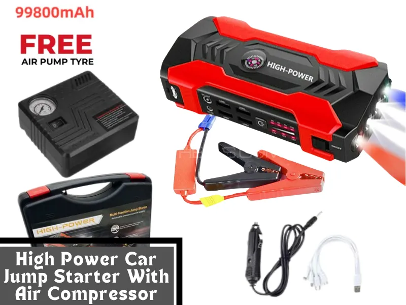 99800mAh Car Jump Starter With Air Compressor Pump Device Portable Power Bank for 2000CC Vehicle Image-1