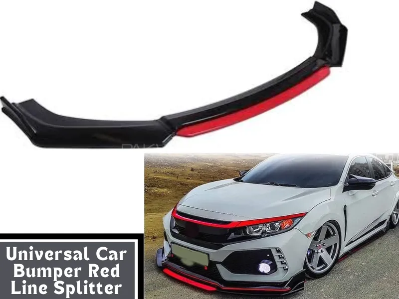 Universal Car Front Bumper Red Line Lip Splitter | Premium Fiber Material Glossy Black Decorative Image-1