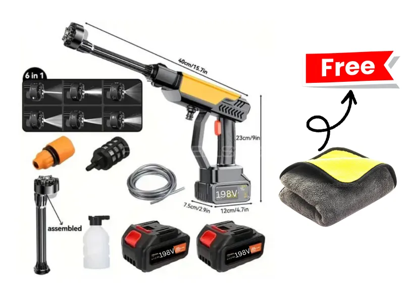 Imported Cordless Pressure Washer- 6 in 1 Adjustable Nozzle-Dual Battery 198V- Free Y/G Microfiber Image-1