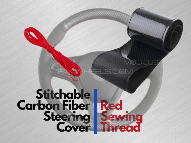 Carbon Fiber Car Steering Wheel Cover With Red Thread | Sew DIY Hand Stitch PU Leather Protector  Image-1