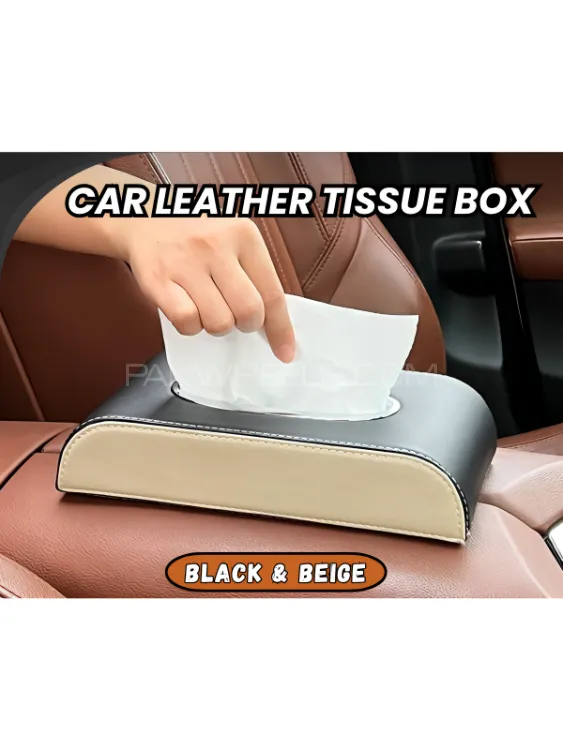 High Quality  Car Tissue Box  Universal PU Leather  Black & Beige  Premium Design. Image-1