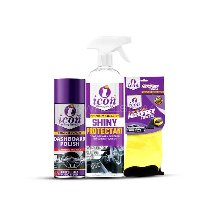Icon plus Dashboard Polish 200ml + Shiny Protectant 500ml + Microfiber Cloth 600 GSM | Car Interior  Image-1