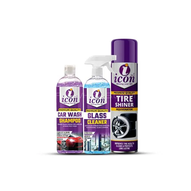 Tire Shiner 650ml + Glass Cleaner 500ml + Car Shampoo 500ml | Full Exterior Car Cleaning & Shine Kit Image-1
