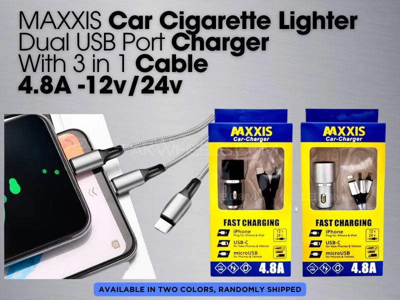 MAXXIS Car Fast Charger with Dual USB Port & 3 in 1 Cable - 4.8A - 12 / 24 V. Image-1