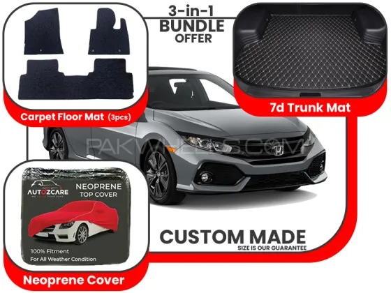 Honda Civic Carpet Floor Mat, 7d Trunk mat and Neoprene Cover - Model 2017-2021 Image-1