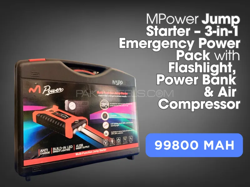 Jump Starter | 3-in-1| Emergency Power Pack | with Flashlight | Power Bank | Air Compressor | 99800  Image-1