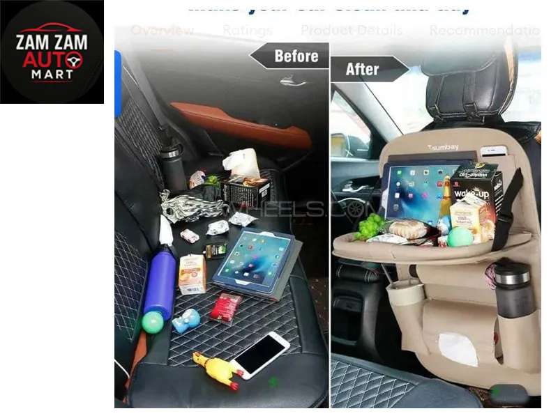 Car Back Seat Organizer with Foldable Tray (Black Color) Image-1