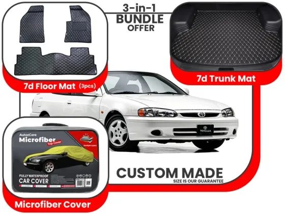 Toyota Corolla 1996-2002 | Premium Bundle – 3-in-1 | 7D Floor Mats, Trunk Mat, Microfiber Cover Image-1