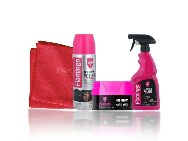 4 in1 Flamingo Car Leather Seat Cleaner Body Polish Microfiber Cloth & Dashboard Spray Complete Image-1