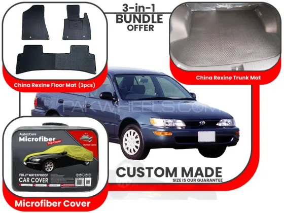 Toyota Corolla 1987-1995|Premium Bundle – 3-in-1|China Rexin Floor Mat, Trunk Mat, Microfiber Cover Image-1
