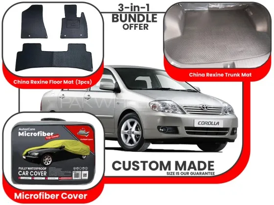 Toyota Corolla 2003-2008|Premium Bundle – 3-in-1|China Rexin Floor Mat, Trunk Mat, Microfiber Cover Image-1