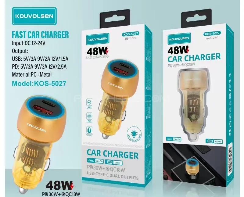 48W Fast Charging Car Mobile Charger USB + Type C Dual Output Image-1