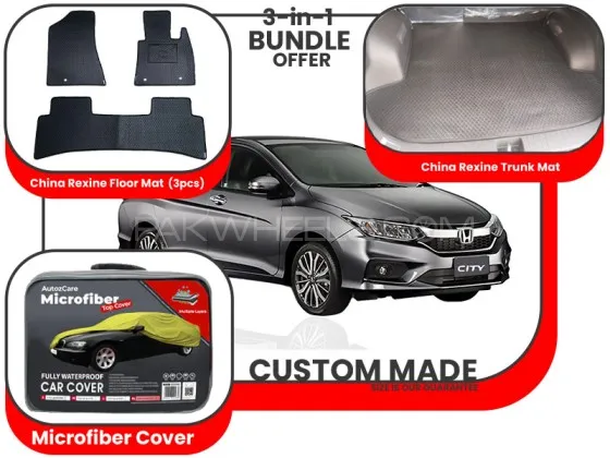 Honda City 2022-2025|Premium Bundle – 3-in-1|China Rexine floor mats ,Trunk Mat and Microfiber Cover Image-1