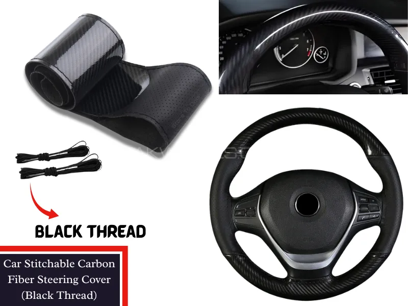 Universal Premium leather Carbon fiber stitching Steering Wheel Cover Hand-stitched (Black Thread) Image-1