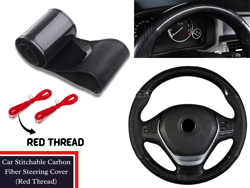 Universal Premium leather Carbon fiber stitching Steering Wheel Cover Hand-stitched (Red Thread) Image-1