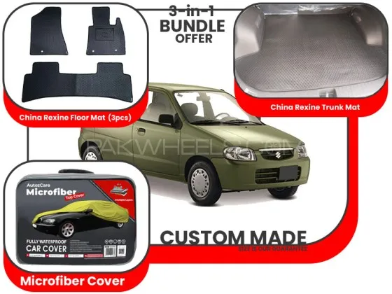 Suzuki Alto 2000-2012|Premium Bundle– 3-in-1|China Rexine floor mats ,Trunk Mat and Microfiber Cover Image-1