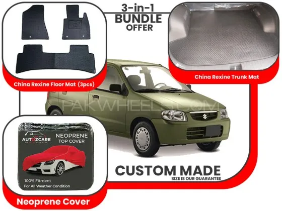 Suzuki Alto 2000-2012|Premium Bundle– 3-in-1|China Rexine floor mats ,Trunk Mat and Neoprene Cover Image-1
