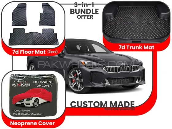 Kia Stinger 2018 2025|Premium Bundle– 3-in-1|7D Floor mats, Trunk Mat and Neoprene Cover Image-1