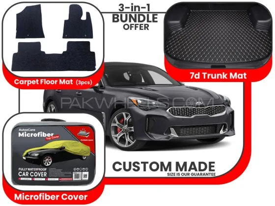 Kia Stinger 2018 2025|Premium Bundle– 3-in-1|Carpet Floor mats, Trunk Mat and Microfiber Cover Image-1