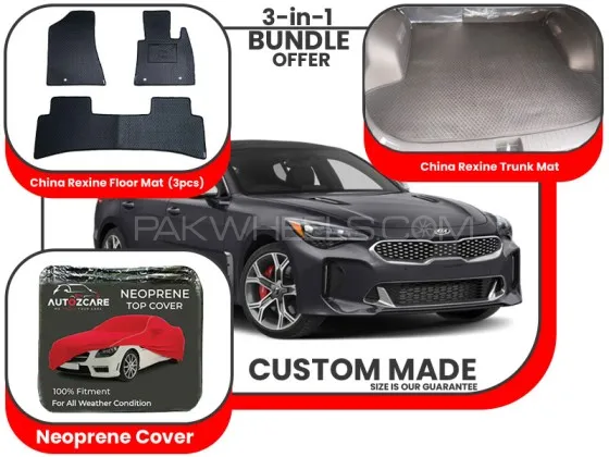 Kia Stinger 2018 2025|Premium Bundle– 3-in-1|China Rexine Floor mats, Trunk Mat and Neoprene Cover Image-1