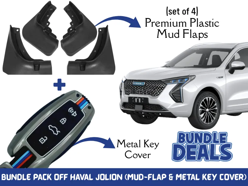 Bundle Pack off Haval Jolion Mud-Flaps & Metal Key Cover | 4Pc Mud-Flaps & 1Pc Metal Key Cover Image-1