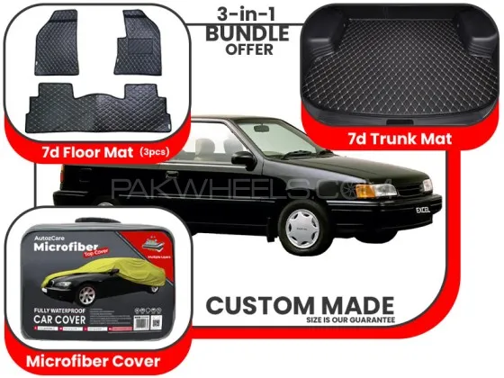 Hyundai Excel 1989 -1995 |Premium Bundle– 3-in-1| 7D Floor Mats , Trunk Mat and Microfiber Cover Image-1