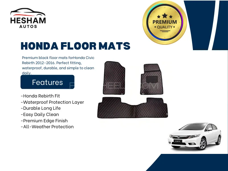 Honda Civic Rebirth 2012-2016 | Premium Quality Diamond Car Floor Mats | Black Image-1