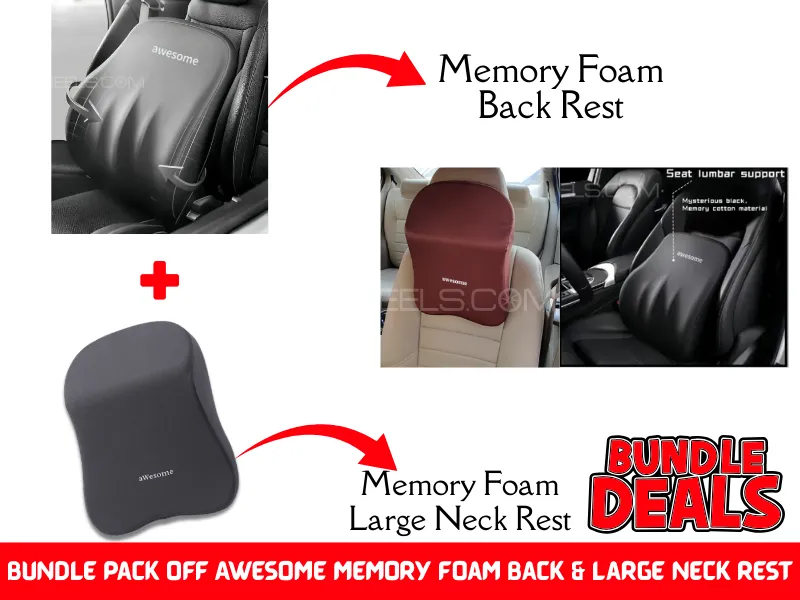 Bundle Pack off Universal Awesome Memory Foam Back Rest & Large Neck Rest | Cushion for Pain Relief Image-1