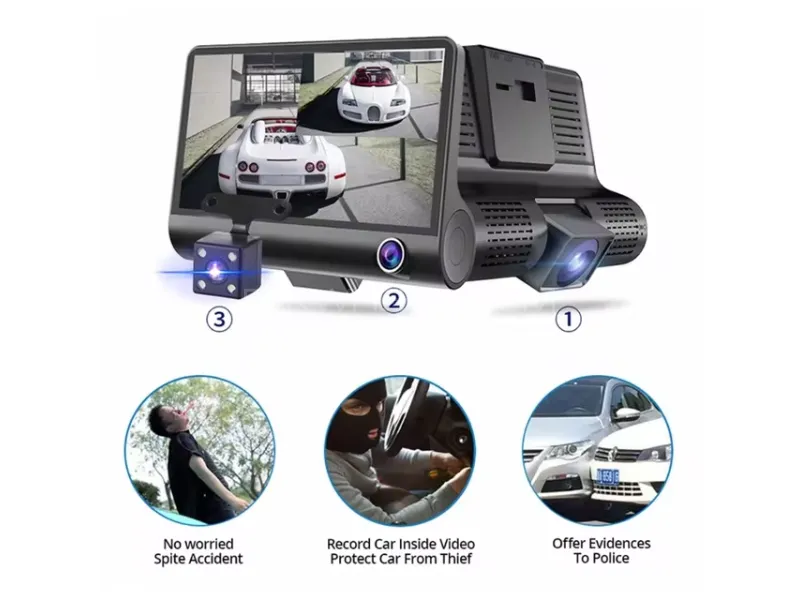 WDR Full HD 1080p Car DVR Dash Cam – 3 Lens Camera with Night Vision & Loop Recording Image-1