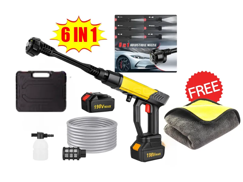 6 in 1 Nozzle-Imported Wireless Pressure Washer Gun-198V Dual Battery-FREE Y/G Microfiber Image-1