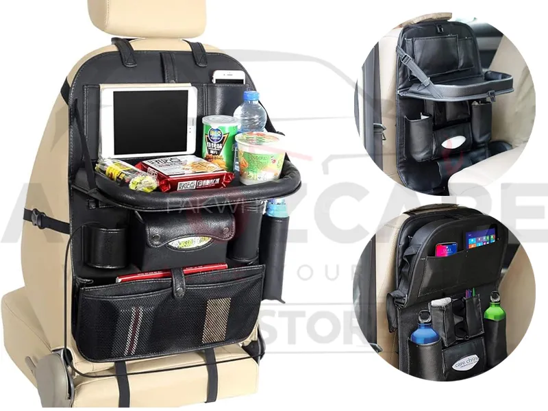Car Back Seat Organizer with Foldable Tray Dining Table - Black Image-1