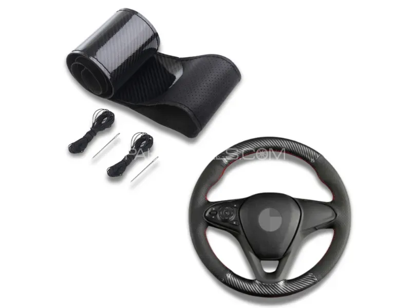 Stitchable Carbon Fiber Car Steering Cover | Universal Leather Steering Wheel Cover With Blck Thread Image-1