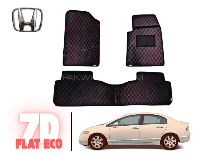 Honda Civic Rebon 2006-2012 | 7D Flat Eco Mats | Honda Civic Reborn Black Color 7D Eco Mats With Red Image-1
