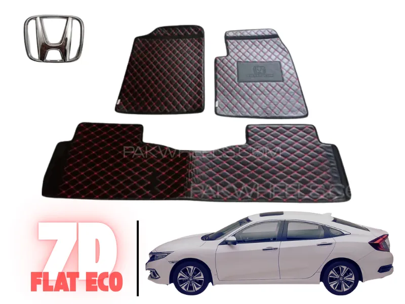 Honda Civic X | 2016-2022 | 7D Flat Eco Mats | Honda Civic X Black Color 7D Eco Mats With Red Thread Image-1