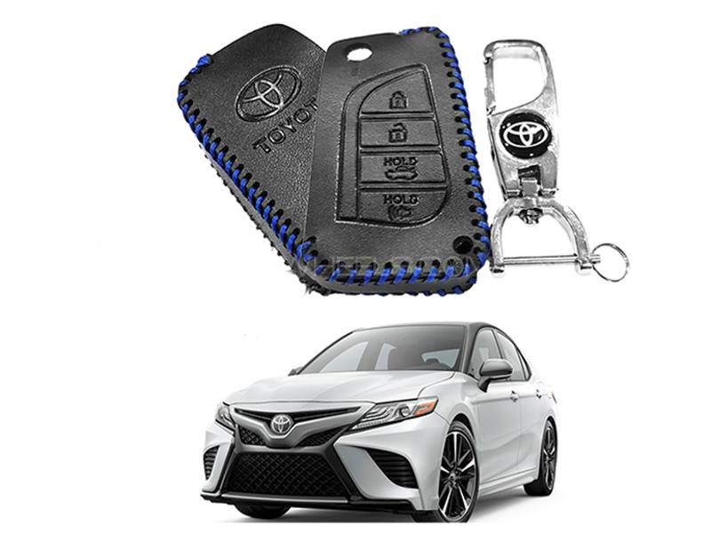 Leather Key Cover With Metal Chrome Keychain For Toyota Camry - Blue Image-1