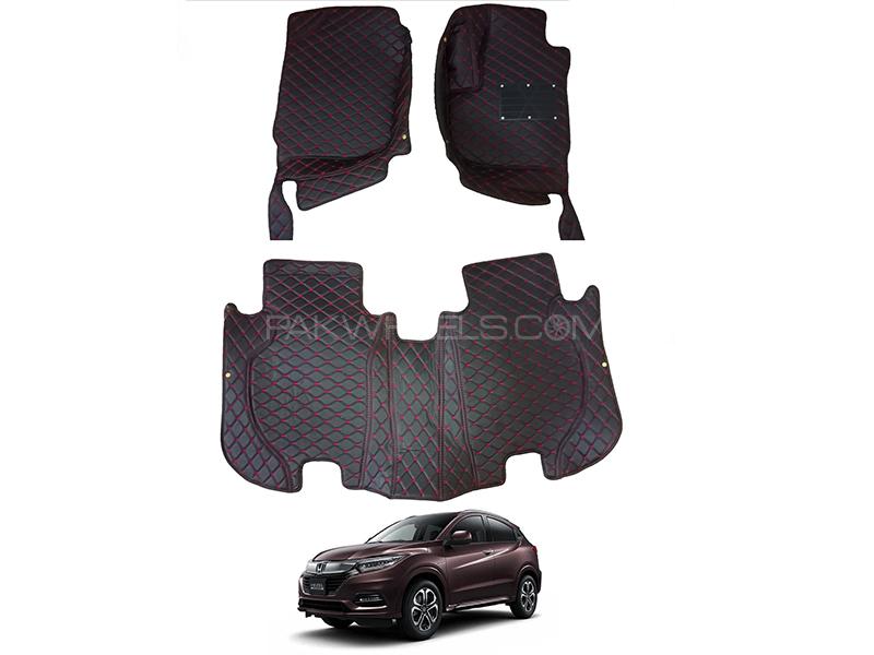 Honda Vezel 2013-2021 7D Luxury Floor Mats With Burrs - Black & Red Image-1