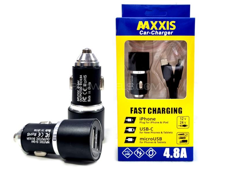MAXXIS Car Cigarette Lighter Dual USB Port Charger With 3 in 1 Cable - 4.8A - 12v/24v for sale in کراچی Image-1