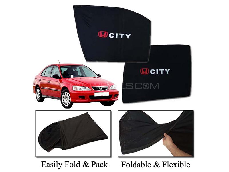 Honda City 1997-2002 Foldable Sun Shades With Logo | Mesh Fabric | Heat Proof | Dark Black  Image-1