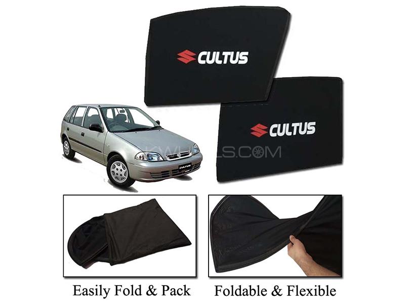 Suzuki Cultus 2007-2017 Foldable Sun Shades With Logo | Mesh Fabric | Heat Proof | Dark Black  Image-1