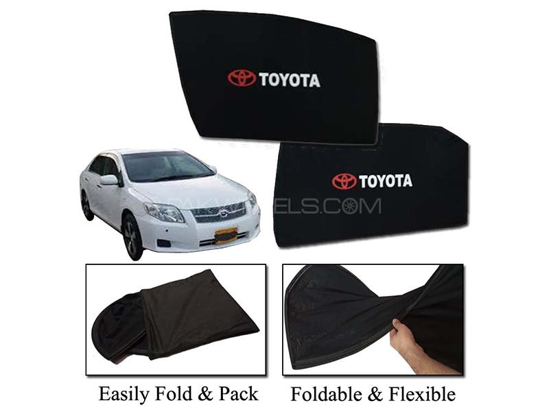 Toyota Axio 2006-2012 Foldable Sun Shades With Logo | Mesh Fabric | Heat Proof | Dark Black  Image-1