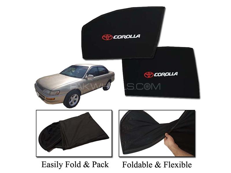 Toyota Corolla 1994-2002 Foldable Sun Shades With Logo | Mesh Fabric | Heat Proof | Dark Black  Image-1