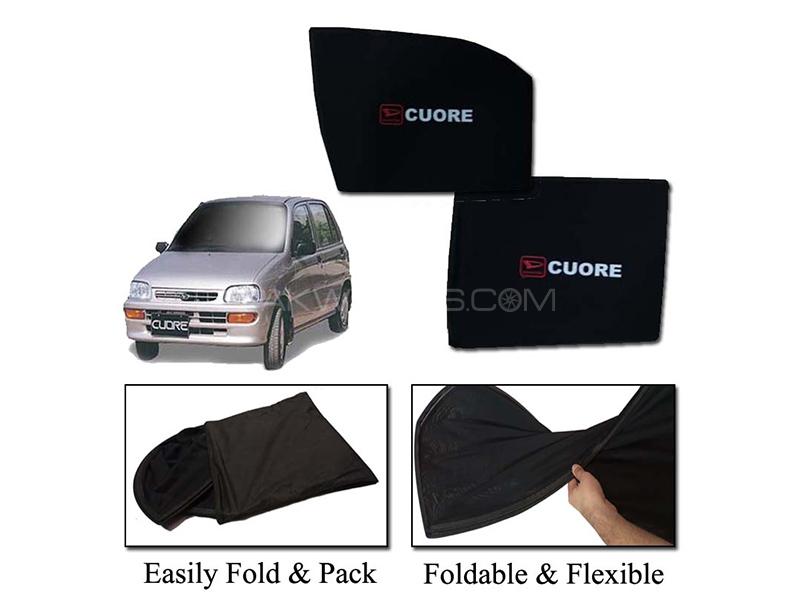 Daihatsu Cuore 2000-2012 Foldable Sun Shades With Logo | Mesh Fabric | Heat Proof | Dark Black  Image-1